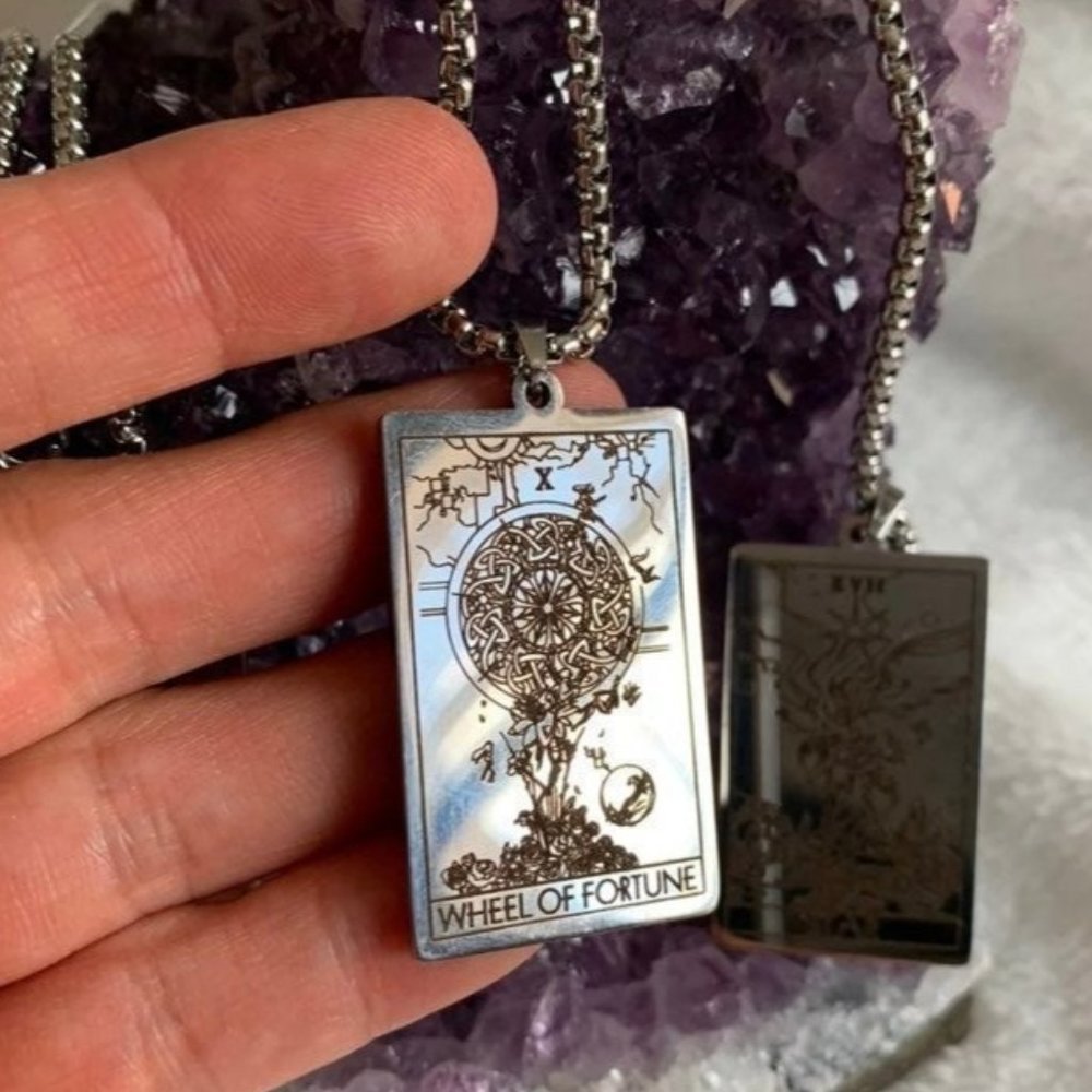 Stainless Steel Tarot Card Necklace Magician Lovers Wheel of Fortune - Picture 7 of 10